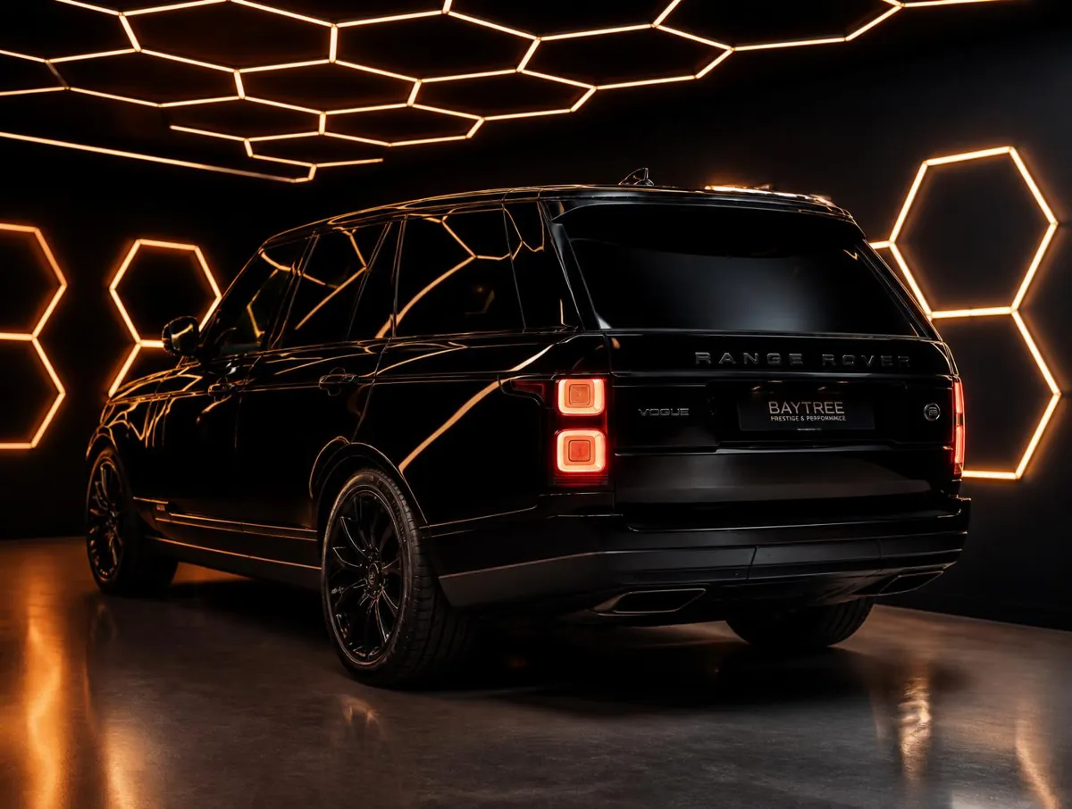 Véhicule de luxe noir préparé sous l'éclairage hexagonal orange de l'atelier